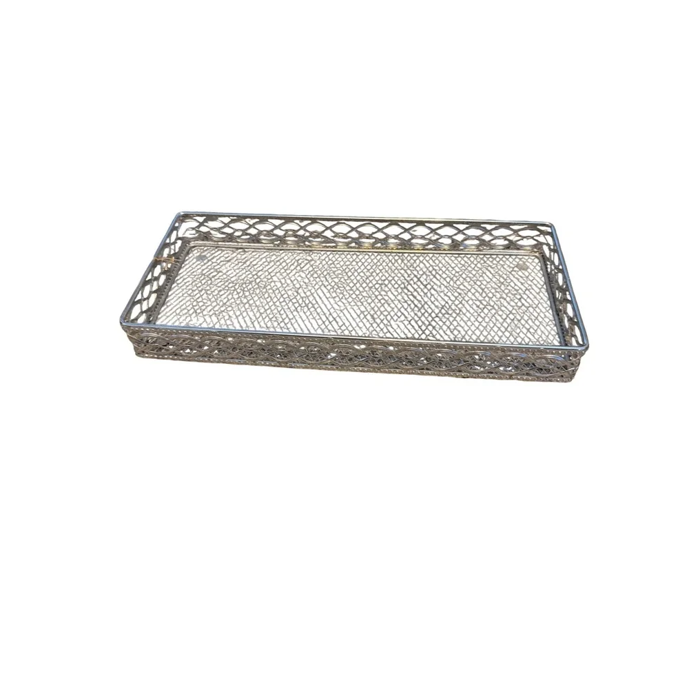 Vintage Silver Tone Mesh Vanity Tray Rectangular Filigree Lattice Organizer